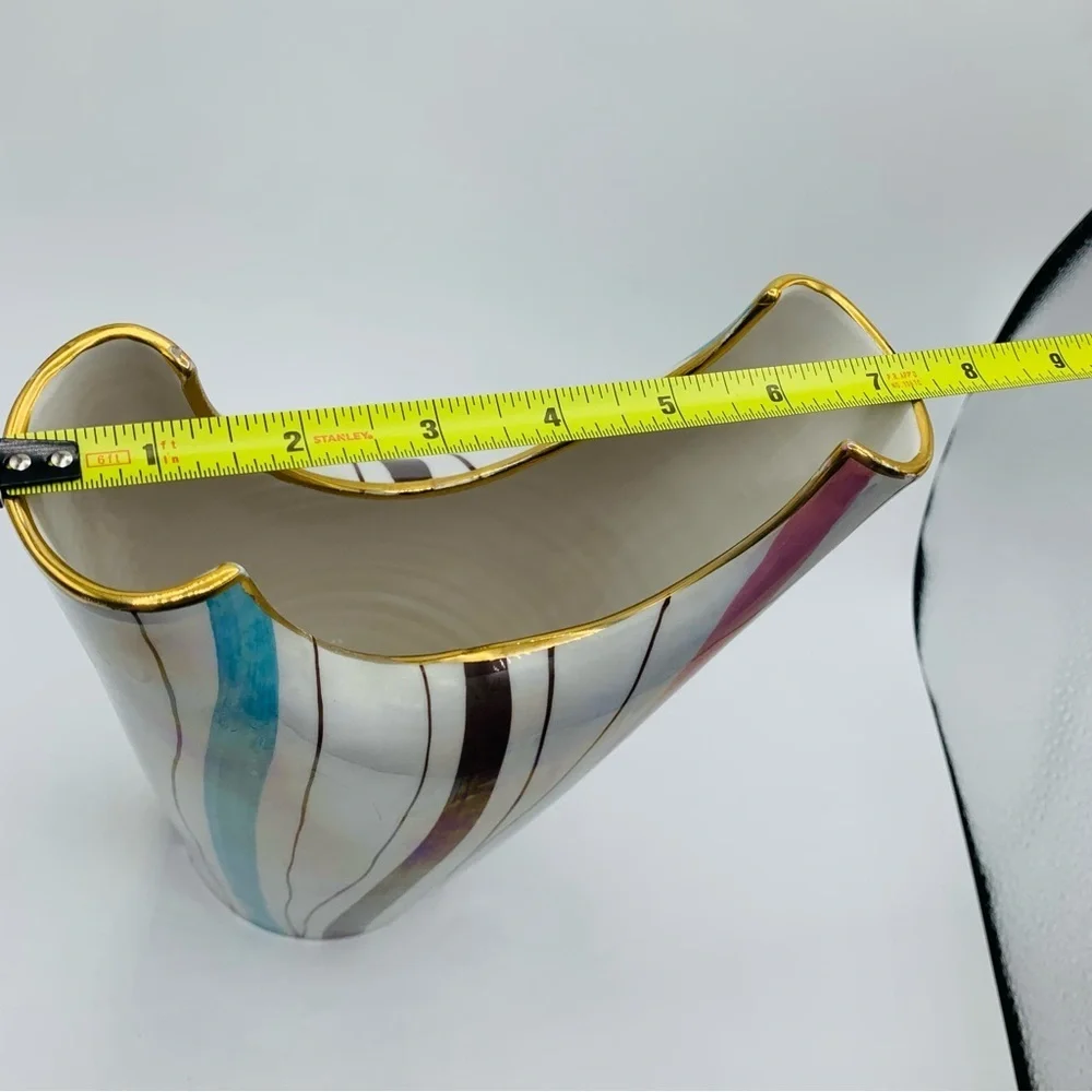 Vintage MCM Italian Iridescent Striped Vase with Gold Trim – 8.5”